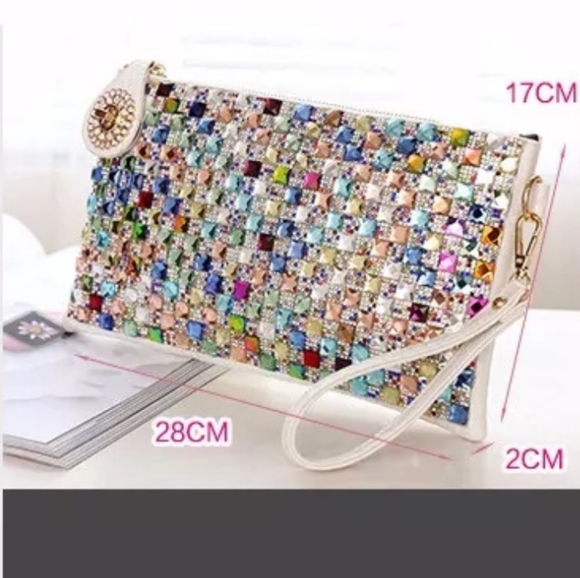 Colorful Jewel Studded Oversized Multi Funtional Clutch -White - Picture 8 of 16